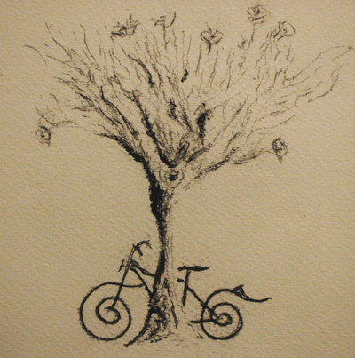 bici a riposo per Claudia, carboncino pastelli a cera su cartoncino 2010